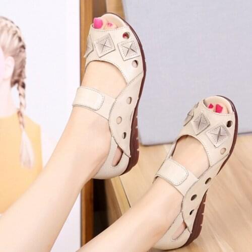 Womens Sandals 2021 Summer Fashion Genuine Leather Wedges Comfort Ladies Shoes Women Flats Soft Plus Size Sandals
