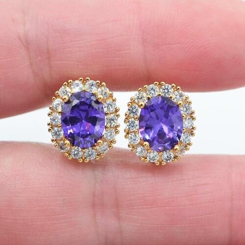 Gold Color Women Oval Purple Cubic Zirconia CZ Huggie Hoop Earrings Jewelry