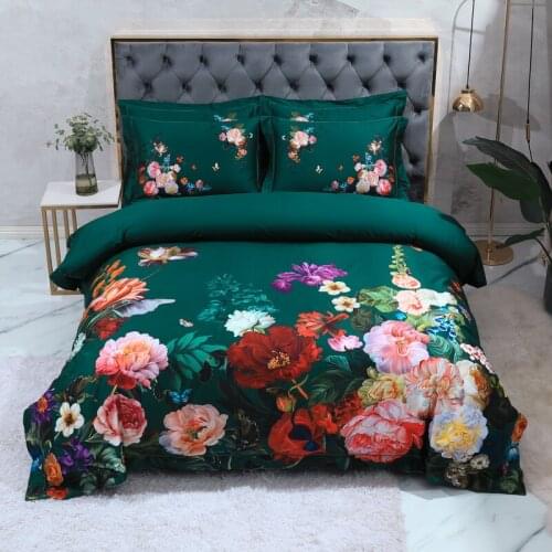 Chic Vintage Blossom Dark Green 104X90in Duvet Cover Soft Silky Egyptian Cotton Bedding Set Bed Sheet Pillowcase US Queen King