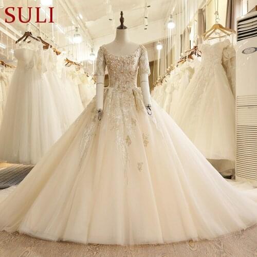 SL-7814 Church Champagne Scoop Neckline Short Sleeve Lace Wedding Dresses 2017