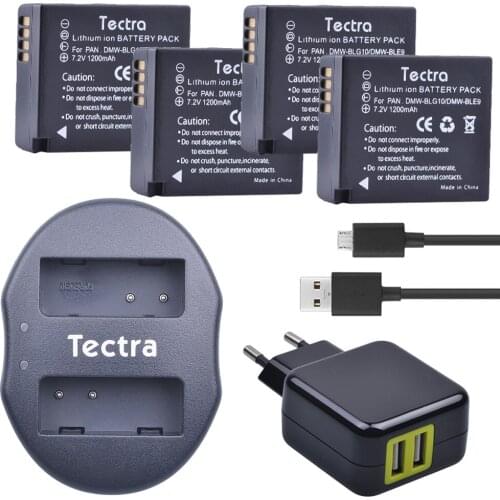 Tectra 4Pcs DMW-BLG10 DMW-BLE9 BP-DC15 Bateria + USB Dual Charger with AC Adaptor for Panasonic LUMIX GF5 GF6 GX7 LX100 GX80