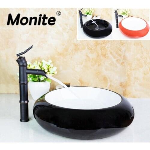 Bathroom Basin Dinks Black And White Contemporary Countertop Round Ceramic Wash Artistic Basin With Oil Rubbed Bronze Faucet Set