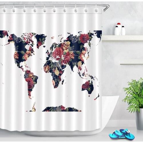 Rose Flower Pattern World Map Shower Curtain For Bathroom Decor Washable Polyester Fabric Bath Curtains Set with 12 Hooks