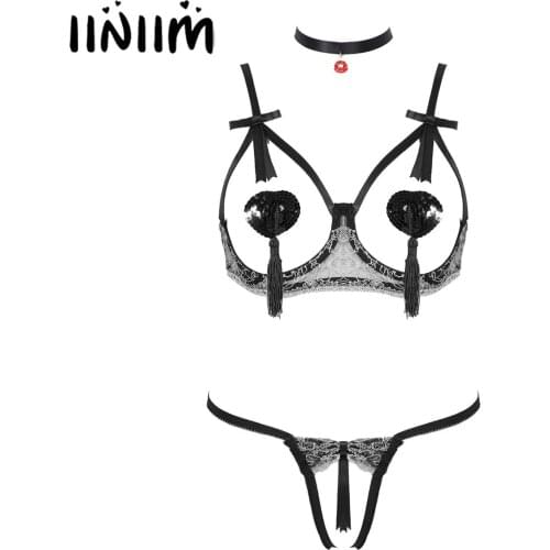 Women Exotic Sets Hollow Out Lace Trim Lingerie Set Underwire Bra with Crothless Thongs Sequin Tassel Nipple Sticker Neck Ring