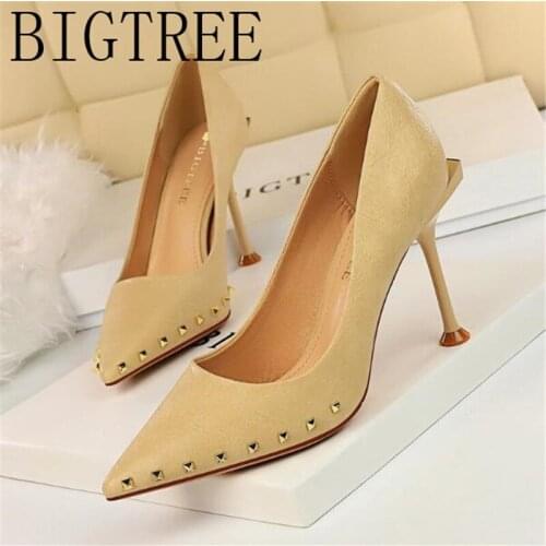 2019 Fashion Women Pumps Shoes Dress Sexy rivet PU Pointed Toe Thin Heels 10CM High Heels Womens Wedding Shoes