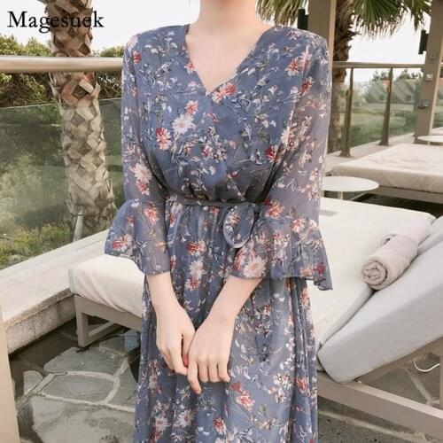 Print Floral Women Chiffon Dress Summer 2021 Flare Sleeve Party Dress Women Elegant Casual A Line Long Dresses Vestidos 10451