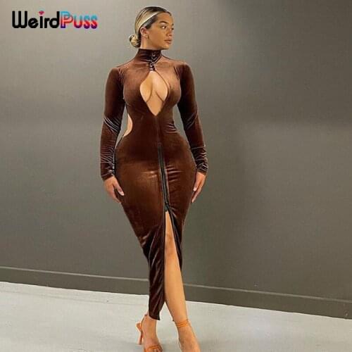 Weird Puss Vintage Hollow Sexy Dresses Women Skinny Autumn Trend Turtleneck Long Sleeve Zipper Bodycon Elegant Slim Streetwear