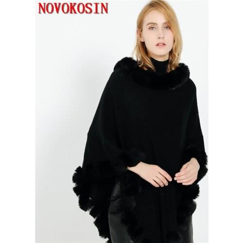 2019 Winter Warm O Neck Faux Fur Sweater Women Capes Solid Faux Cashmere Triangle Poncho Plus Size Tufted Fur Bottom Pullover