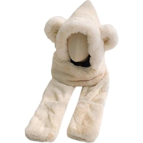 Winter 3 In 1 Fluffy Plush Warm Hooded Long Scarf Hat Animal Print Earflap Cap F42F