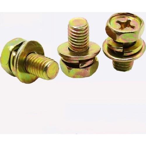 100Pcs M4 M5 M6 GB9074.13 Cross Recessed Hexagon Bolt With Indentation Single Coil Lock Washer And Plain Washer Assemblies