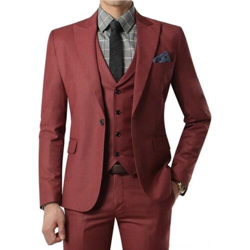 2021 Wine red Suit Custom Made Wedding Suits With Pants Mens Tuxedos Grooms Shawl Black Lapel One Button( jacket+Pants+vest+tie)