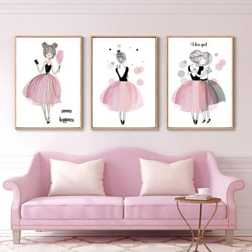 3 Pieces Canvas Painting Cartoon Dress Girl Nursery Wall Art Print Poster Nordic Decorative Picture Kids Baby Room Home Decor