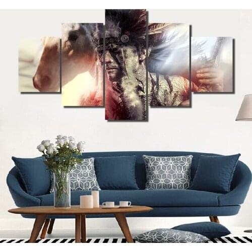 5 Panel Canvas Painting Indians Warrior Wolf Poster Home Decor Wall Art Posters And Prints Decorative Picture