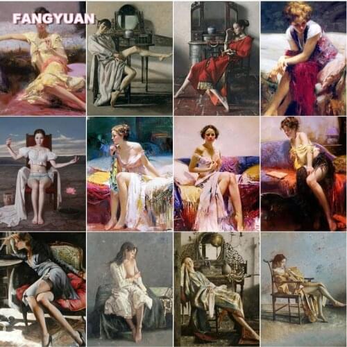 Diamond Painting Vintage Sitting Women In Long Dress Portrait Cross Stitch Kits Slender Beautiful Legs Diamond Mosaic Needlework