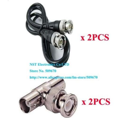 Free Shipping/ 2Sets/ 2PCS 3FT(1M) BNC Coaxial Cable For Security Camera Male/Male & 2 PCS BNC RG59 T Connector Adapter New