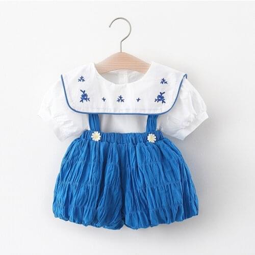 Girls Childrens Clothes Set Wholesale Embroidered Collar Top with Shorts Summer New Wear Sets 2 Piece for Kids Birthday Outfit