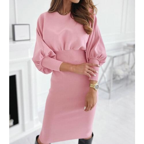 Fashion O-neck Long Sleeve Pencil Puff Sleeve Dress Women 2020 Fall Winter Black Pink Leotard Elegant Office Woman Dress Robe