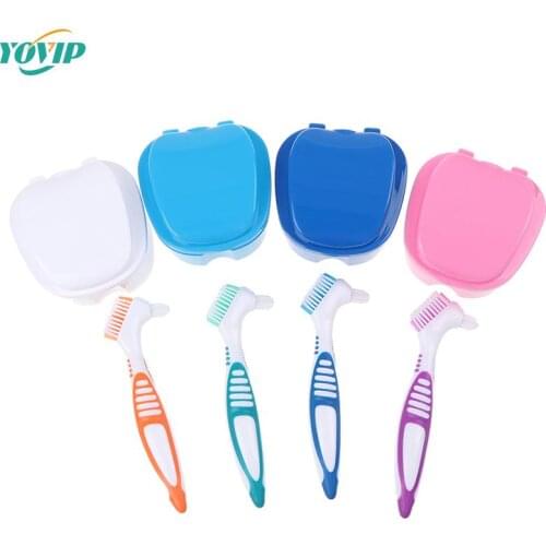 1set Denture Box And Brush Set Retainer Cleanning Denture Case Brush Toothbrush high quality