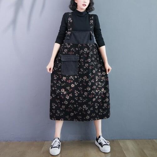 Dress Women Printed Floral Comfortable Leisure Show Thin Denim Braces Skirt Sleeveless Pockets Fashion Female Dress