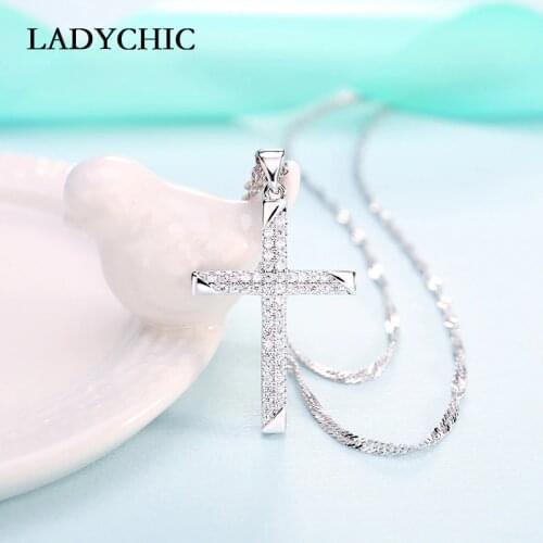LADYCHIC Classic Silver Color Cross Pendant Necklaces Paved with AAA Zircon Christian Jesus Cross Jewelry Gift Wholesale LN1109