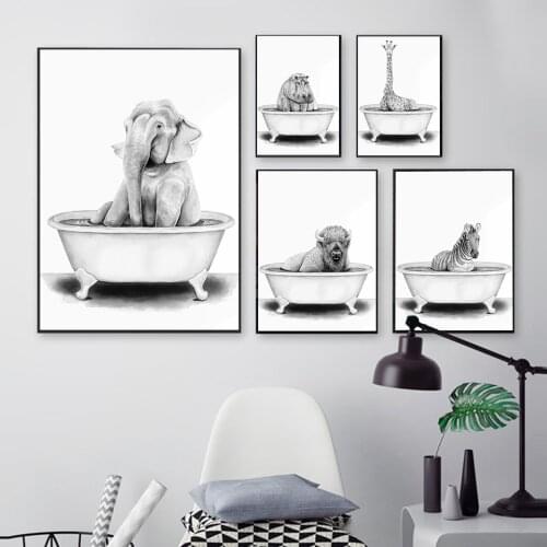 Rhino Elephant Giraffe Zebra Cow Bathtub Wall Art Print Canvas Painting Nordic Poster Wall Picture Childrens Room Toilet Decor