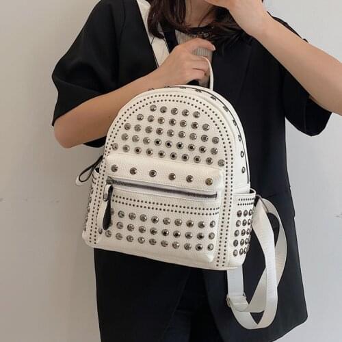 Luxury Rivet Design Womens Backpack High Quality Soft Leather Backpacks for Teenage Girl Travel Rucksack Summer White Backpack