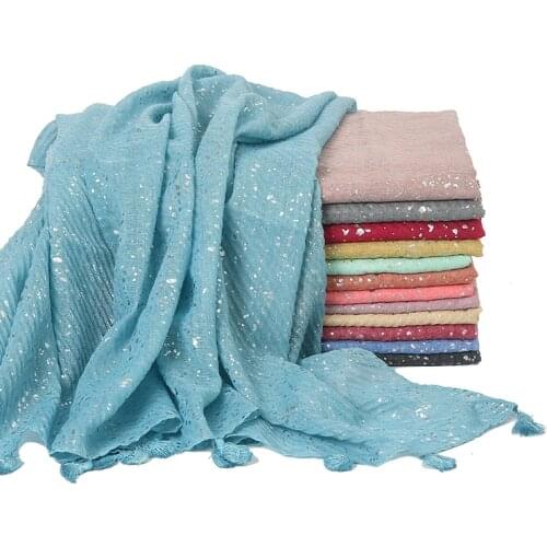 Newest Glitter Muslim Hijabs Shawls Women Pleated Crinkle Headscarf Tassels Large Wraps Solid Color Turbans 10PCS/Lot Wholesale