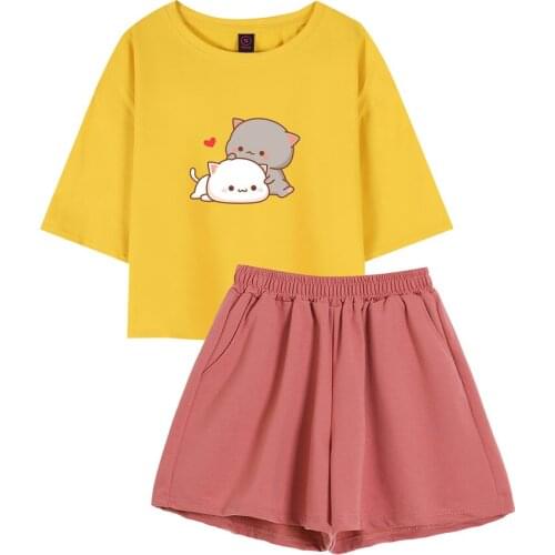 Cute Cartoon Crop Top Cotton Harajuku Women T Shirt Short Sleeve Two Piece Set Summer Fashion Shorts Indoors and Outdoors Wears