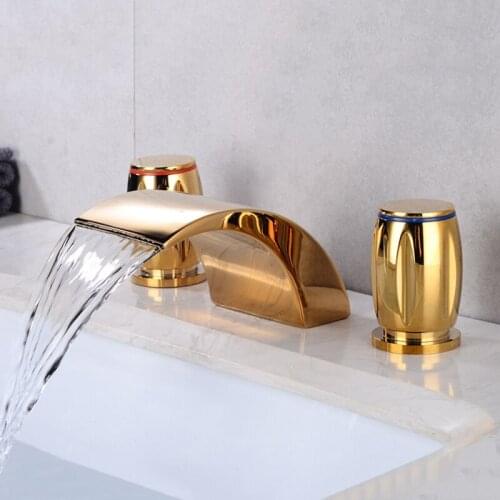 Waterfall Faucet Basin Mixer Faucets Gold Brass 3 Holes Double Handle Bathroom Sink Faucet Hot and Cold Basin Tap Bathtub Mixer
