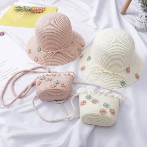 2pcs Girl Kids Holiday Beach Bucket Breathable Cap Straw Sun Hat+Shoulder Handbag Bag 5 Colors