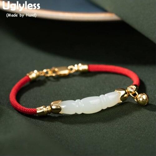 Uglyless GOOD LUCK Red Rope Bracelets for Women Real 925 Silver Bell Bracelets Natural Jade Bamboo Bangles Fine Jewelry BR273