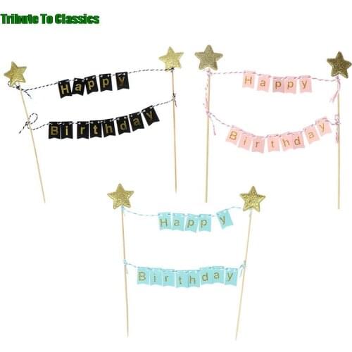 1st Birthday Cake Decoration Baby Shower Boy Girl Wedding Party Cupcake Toppers Flag Banner Happy Birthday Cake Topper