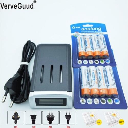 VerveGuud Smart Intelligent LCD Display Battery Charger Charge For AA/AAA NiCd NiMh Battery + 8Pcs AA Rechargeable Batteries