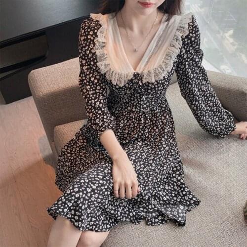Vintage V-Neck Chiffon Women Dresses 2021 Spring Summer Floral Mini Sexy Lace Female Dresses New A-Line Woman Dresses LJ3070