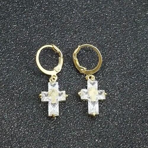 Womens Fashion Crystal Cross Dangle Drop Earrings Charming Gold Plated Zircon Earrings Punk Hip Hop Jewelry for Female Gifts