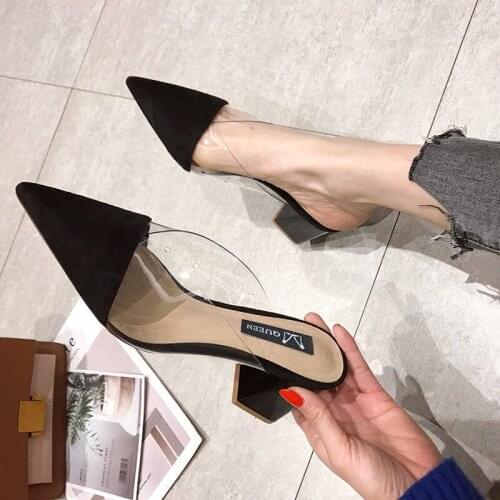 2021 summer shoes women Fashion Patchwork Shallow ladies shoes Pointed Toe Suede Square heel High heels Muller slippers women