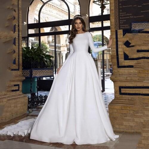 A Line Satin Wedding Dresses Lace Princess Bride Dresses Long Sleeve With Romantic Buttons Backless Vestido De Novia 2020