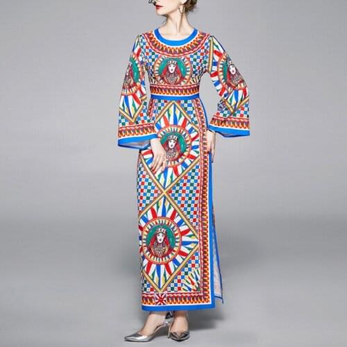 VSUE Womens Indie Folk Geometric Patchwork Print O-neck Zipper Flare Long Sleeve Split Maxi Dress D2565
