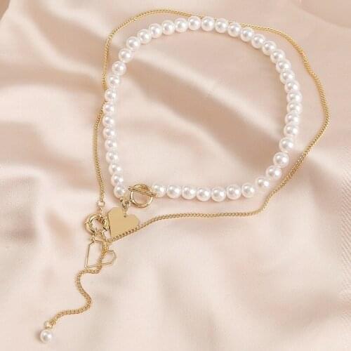 VSnow Baroque Double Layer Metal Love Heart Pendant Necklace for Women Faux Pearl Beaded Tassel Toggle Clasp Necklace Jewelry