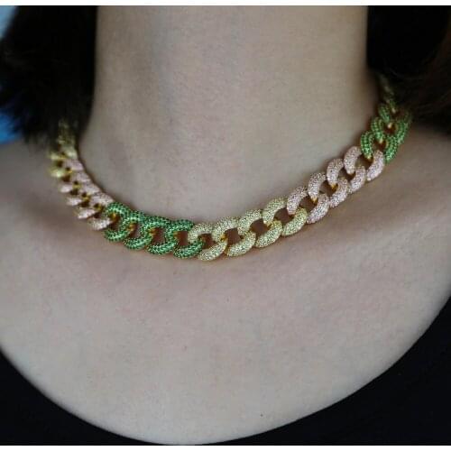 2021 hip hop trend choker necklace jewelry with rainbow colorful cz pave cuban chain women lady heavy statement necklace jewelry