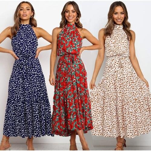 Summer Elegance Women Dress Sleeveless Beach Casual Bohe Allover Tunic Dresses Female Halter Collar Evening Sundress Robe