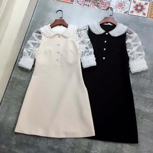 Fashion Runway Black Summer Mesh embroidery women Diamonds Beige Ladies Slim Autumn office Mini Dress Vestidos