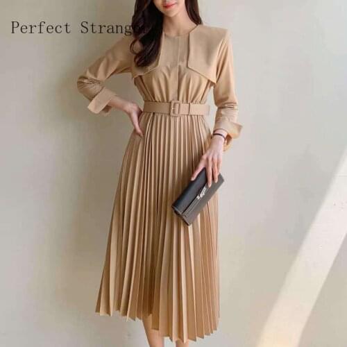 2020 Korean Hot Sale High Quality Round Collar Fake Two Pieces Pleated Women Chiffon Long Dress