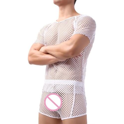 2PCS/Sets Mens Undershirts Shorts Sleeve Fishnet Transparent T-shirts Underwear Boxer Shorts Sexy Fitness Mesh Slpeewear Suits