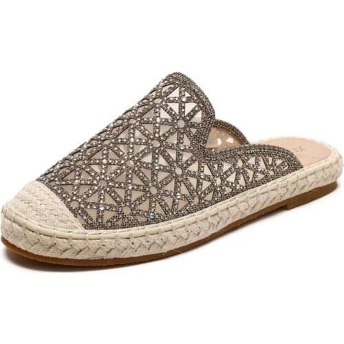 2021 new summer Baotou cool slippers diamond slippers versatile straw fishermans shoes fashion womens shoes