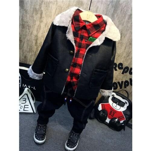 3 Pcs/1Lot 2018 Winter Baby Boys Clothes Sets Children Fleece leather + fleece shirt + thick jeans Kids Infant Warm Outdoot Suit