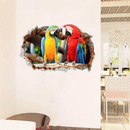 3D Holes Coloeful Parrot Wall Sticker Lover Creative door Decoration Stickers Wall Decals for Living Room PVC for Kids Rooms