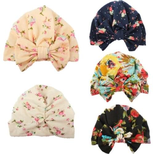 4 Colors Toddler Infant Girls Hats Flower Print Bonnet Hat Cap with Big Bow For Baby Girl Newborn Stretchy Turban Pom Beanie Cap
