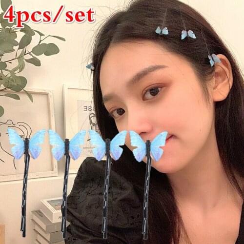 4Pcs Women Blue Butterfly Hairpins Elegant Gauze Hair Clips Fashion Hair Accessories