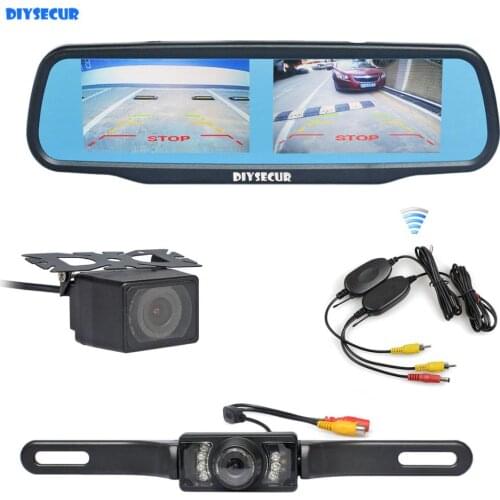 DIYSECUR Wireless Dual 4.3" Screen Rearview Car Mirror Monitor + Waterproof Car Rear View Reverse Backup Car Camera